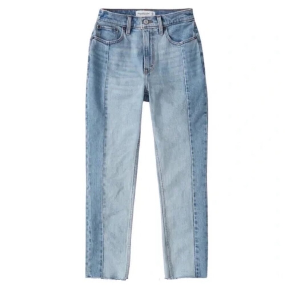 Abercrombie & Fitch Two Tone High Rise Mom Jeans Straight Leg Raw Hem 25 0